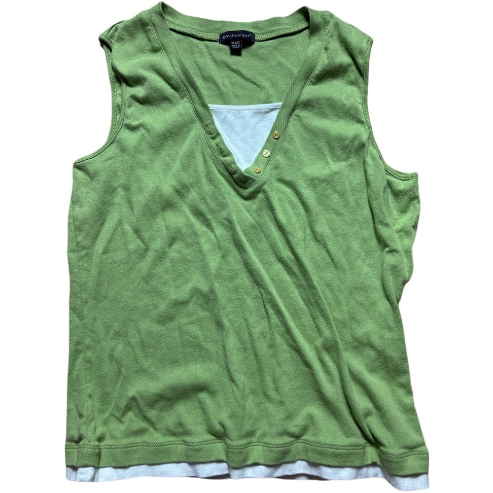 Women's By Design Green Sleeveless Layered V-Neck Tank Top Button Detail XL Y2K